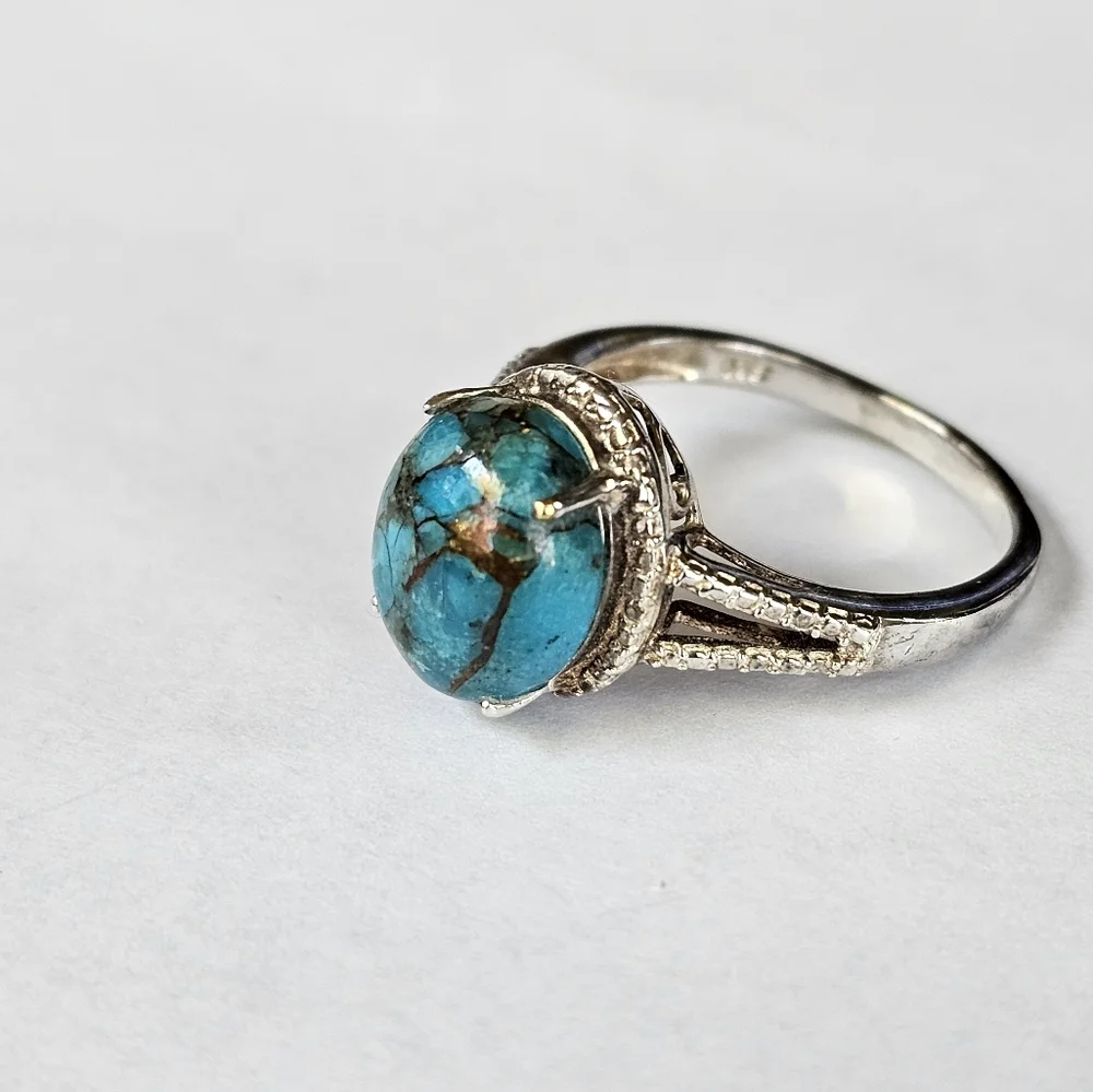 Gorgeous Copper Matrix Turquoise Ring Platinum over Sterling Silver Sz 9!